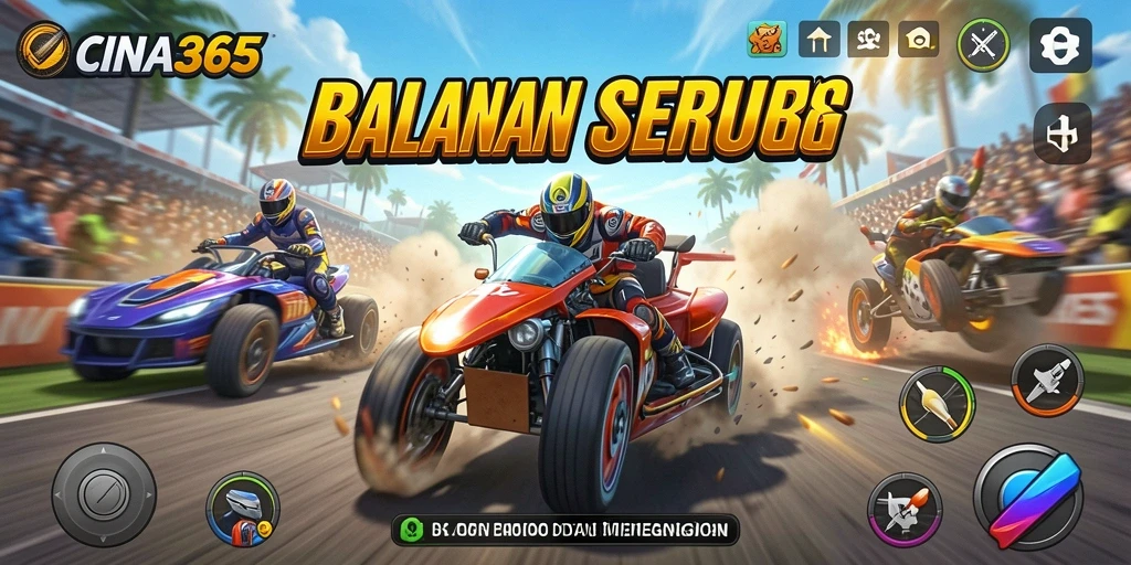 Screenshot utama CINA365 menampilkan aksi balapan mendebarkan.
