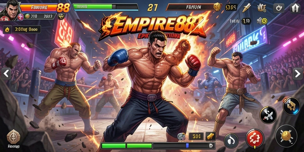 Screenshot utama EMPIRE88 menampilkan pertarungan seru dengan efek visual yang dinamis.