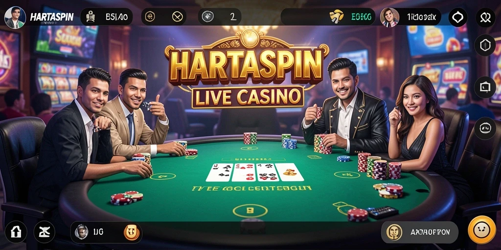 Screenshot gameplay HARTASPIN menampilkan dealer langsung dan permainan yang mendebarkan.