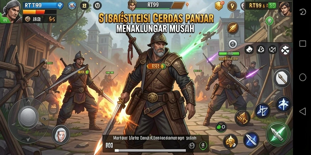 Screenshot utama RT99 menampilkan aksi strategi yang intens.