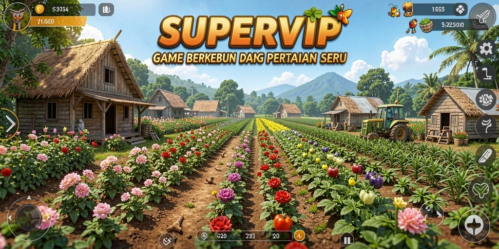 Screenshot gameplay SUPERVIP menampilkan ladang yang indah dengan tanaman subur.
