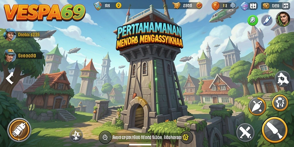 Menampilkan aksi strategis dalam game Tower Defense VESPA69.