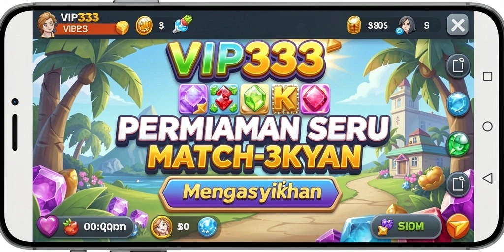 Tampilan permainan Match-3 penuh warna yang menarik perhatian.